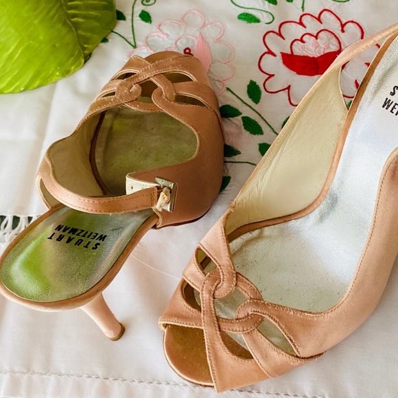 Pink Silk Stuart Weitzman Open Toe Slingback Heels - Picture 6 of 16